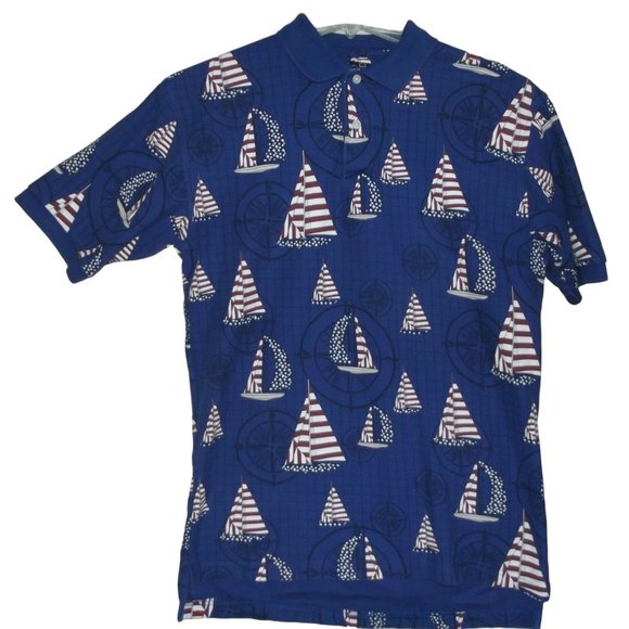 Croft&Barrow Sport Polo Shirt Mens Small Sailboat American Flag Blue Patriotic - Picture 1 of 8